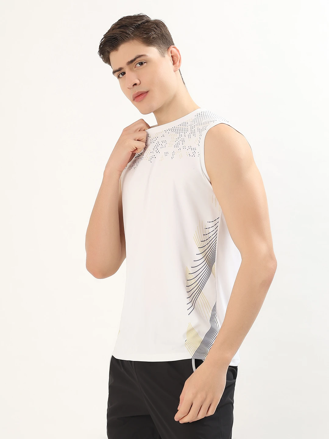 Men's Printed Sleeveless Training Vest White by Shiv Naresh