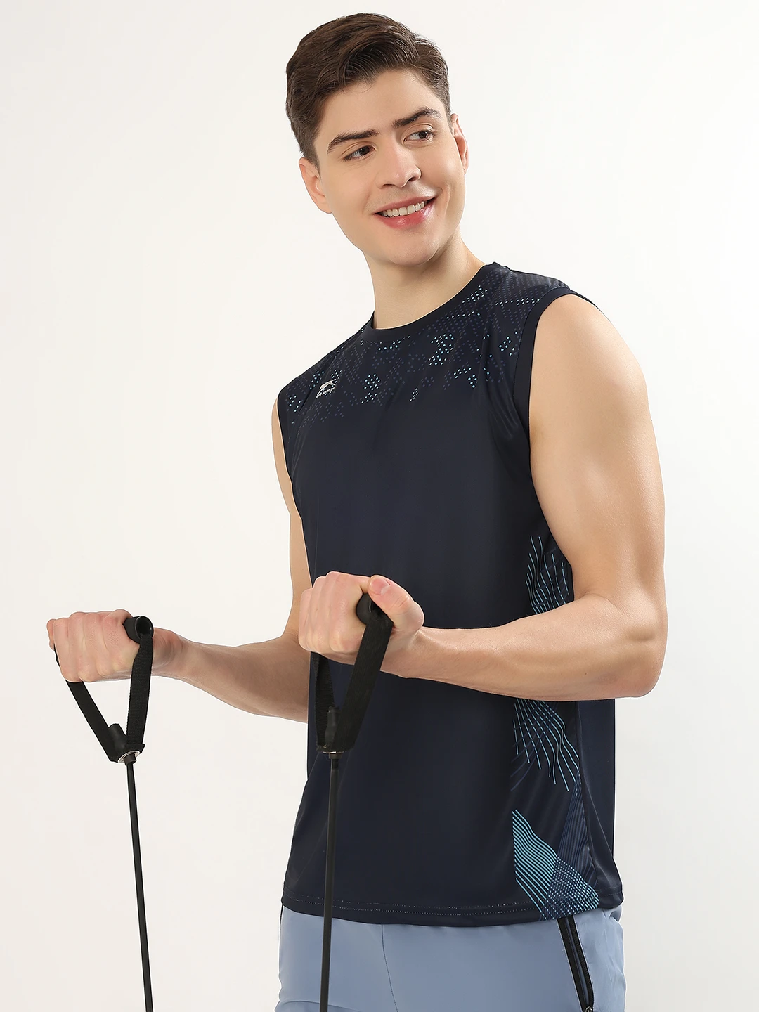 Men's Printed Sleeveless Training Vest Navy by Shiv Naresh