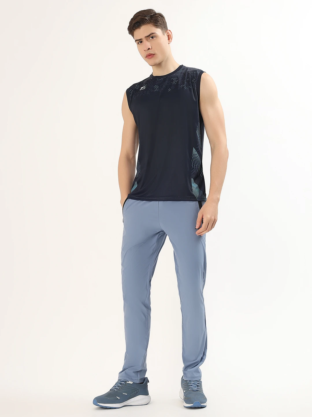 Men's Printed Sleeveless Training Vest Navy by Shiv Naresh