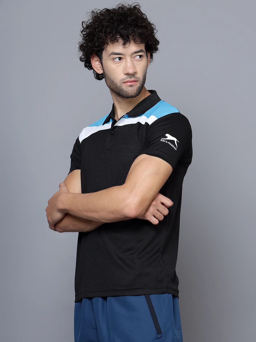 Men’s Black Cyan White Core Regular Fit Polo T‑Shirt – Shiv Naresh