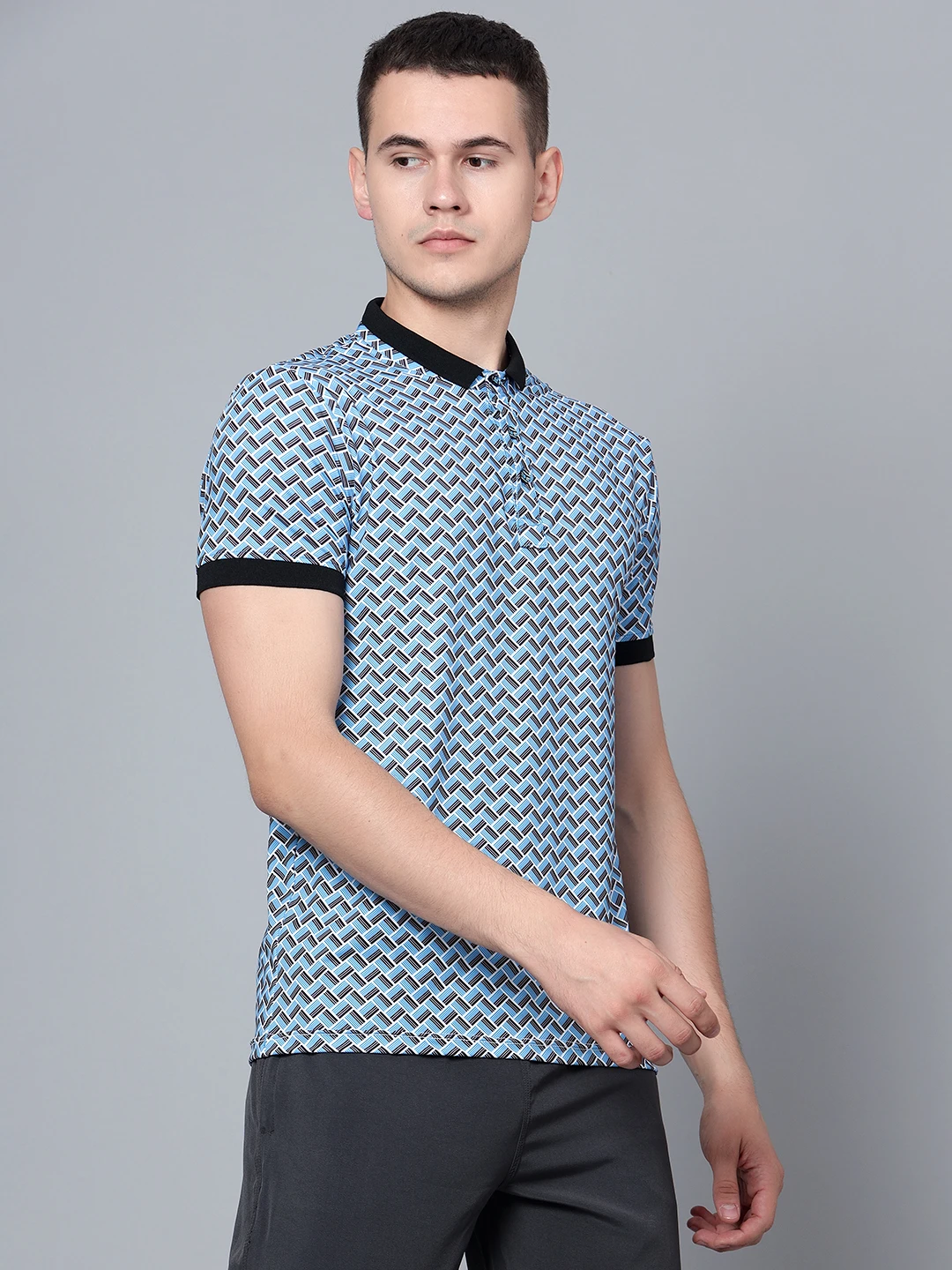 Tessellation printed Cyan black polo t shirt for men by Shiv Naresh