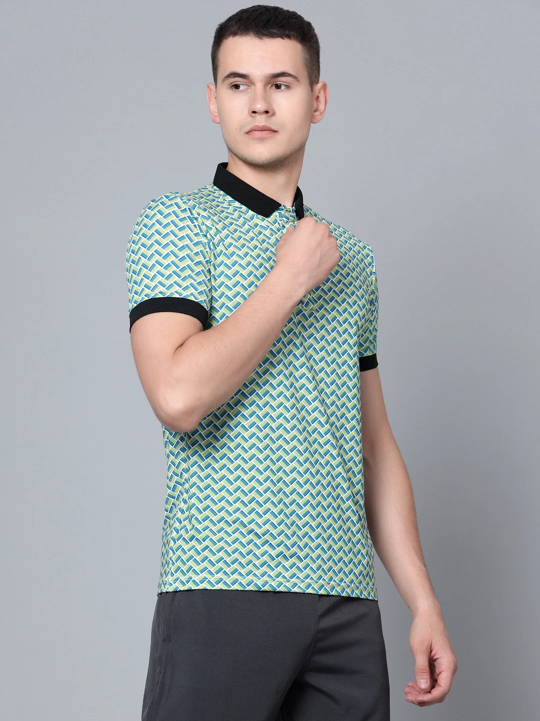 Tessellation printed Mehandi Green polo t shirt for men by Shiv Naresh