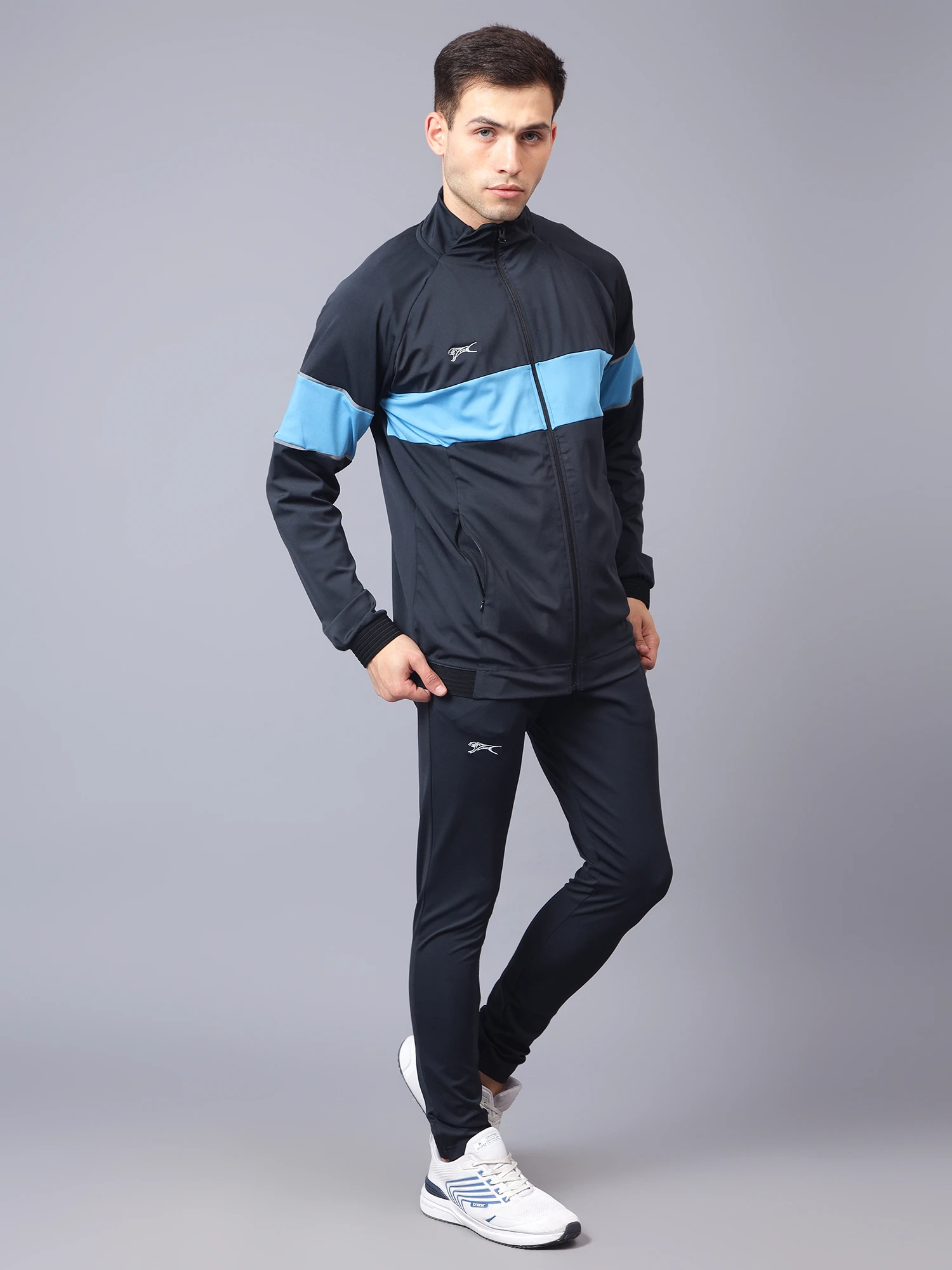 Men's tracksuit in navy blue and cyan by Shiv Naresh