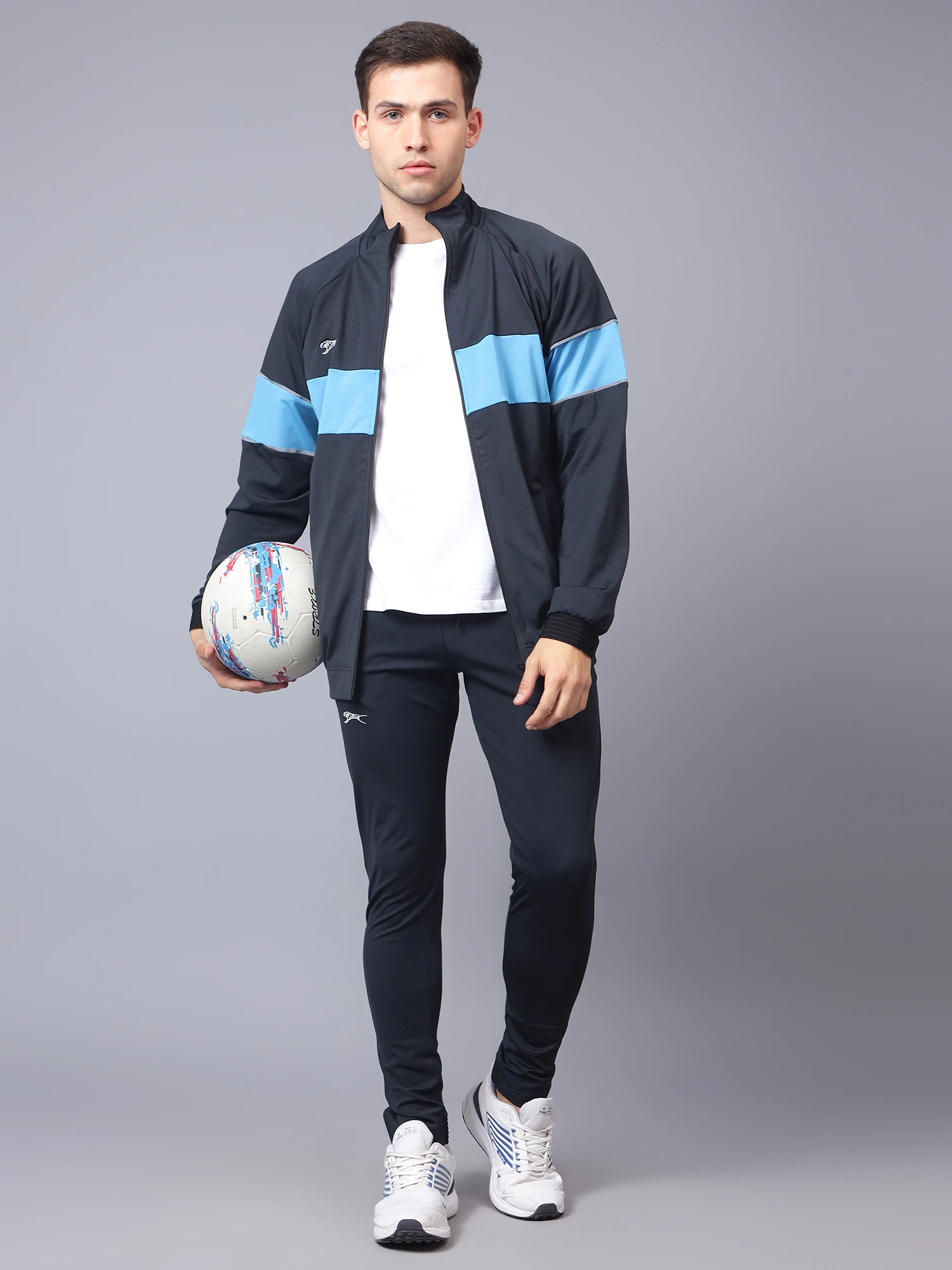 Men's tracksuit in navy blue and cyan by Shiv Naresh