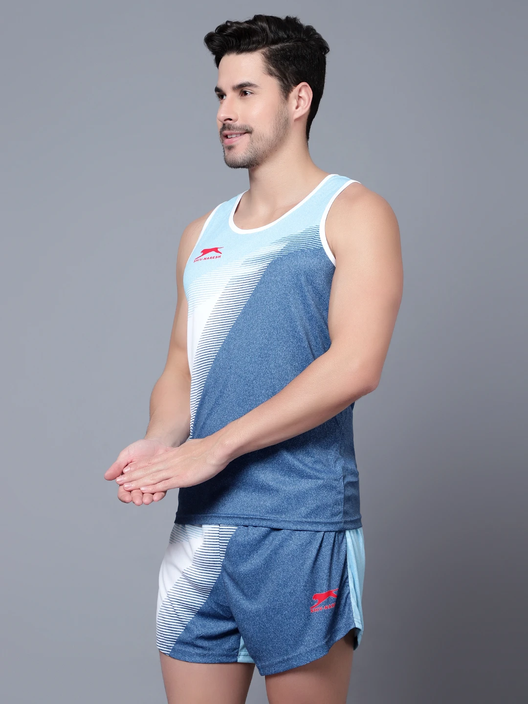 Dark Grey Sky White polyester lycra athletic set for men
