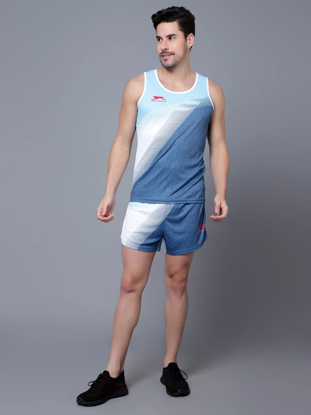 Dark Grey Sky White polyester lycra athletic set for men