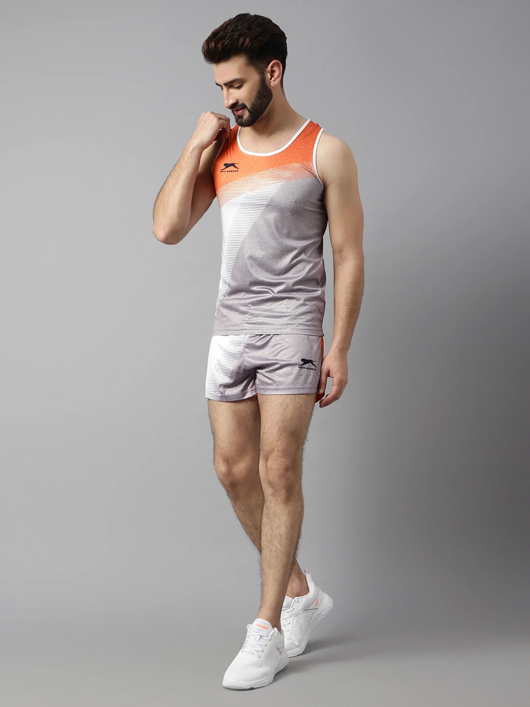Light Grey Orange White polyester lycra athletic set for men