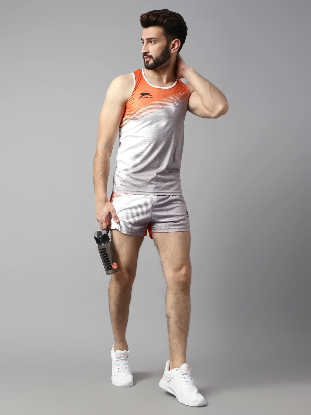 Light Grey Orange White polyester lycra athletic set for men