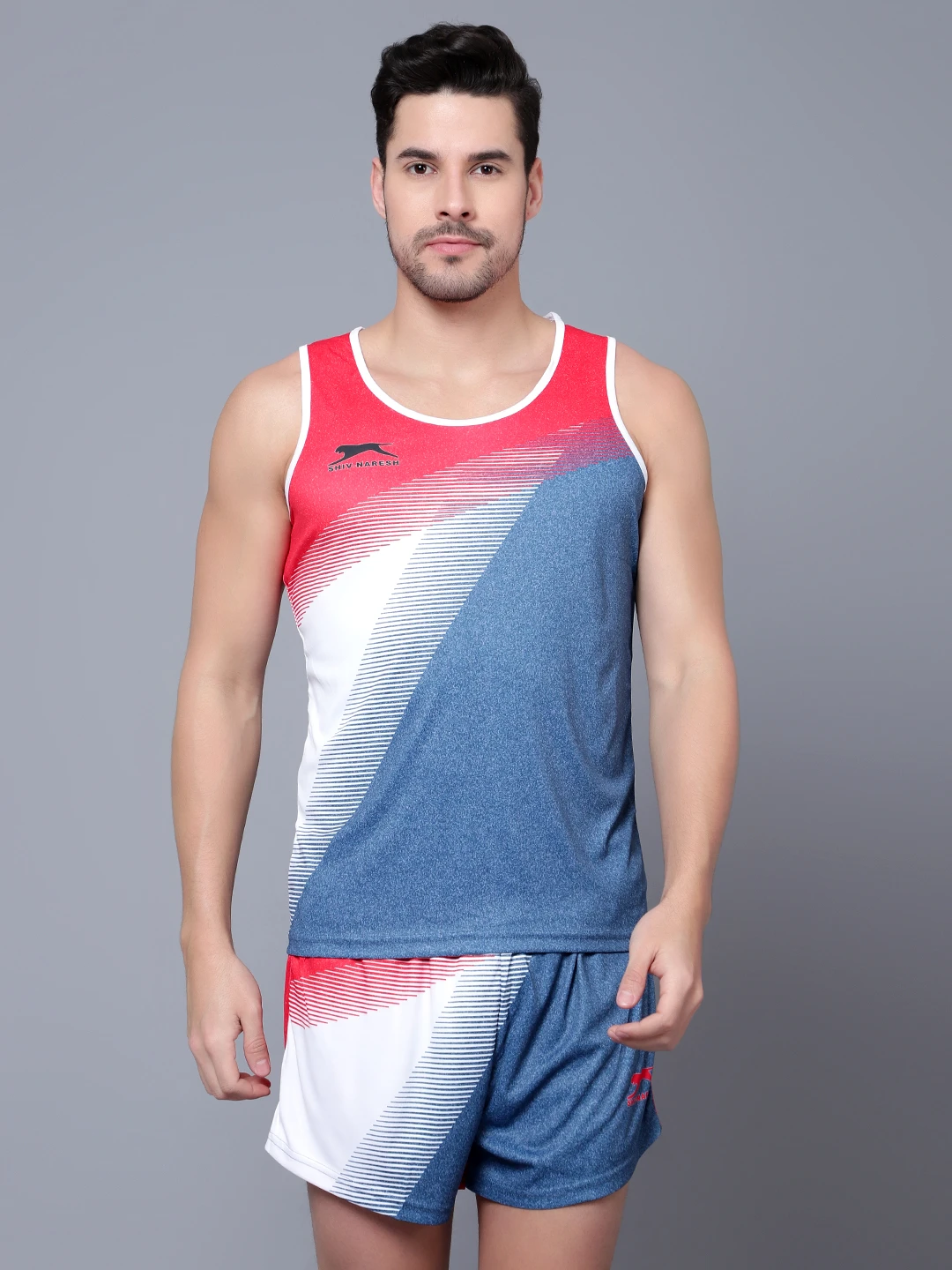 Dark grey red white polyester lycra athletic set for men