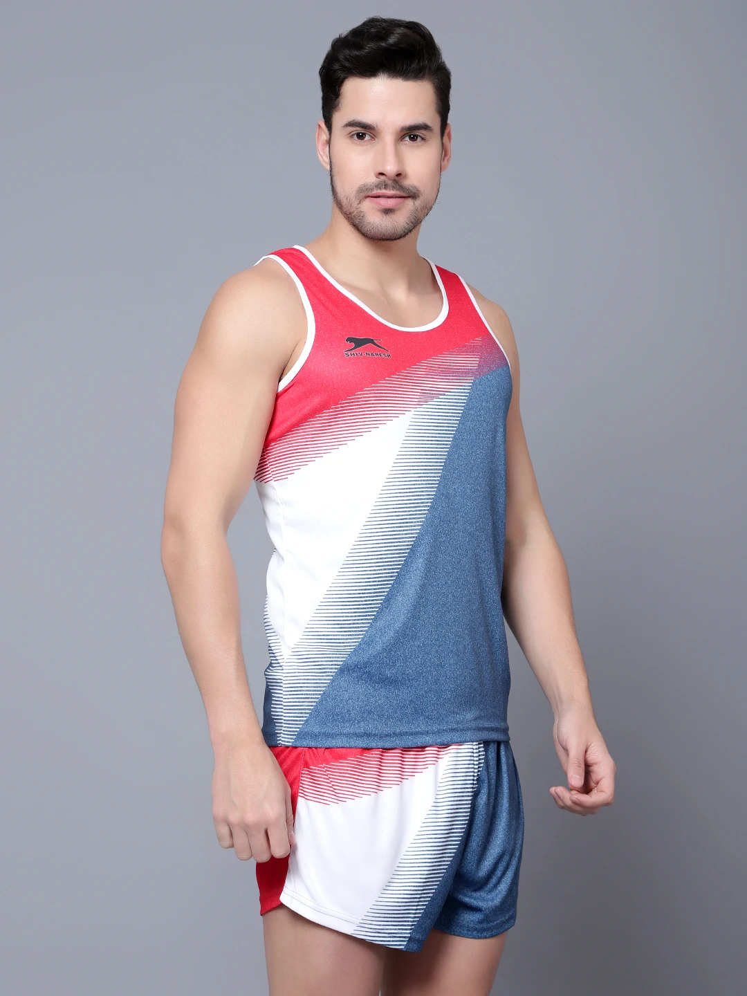 Dark grey red white polyester lycra athletic set for men
