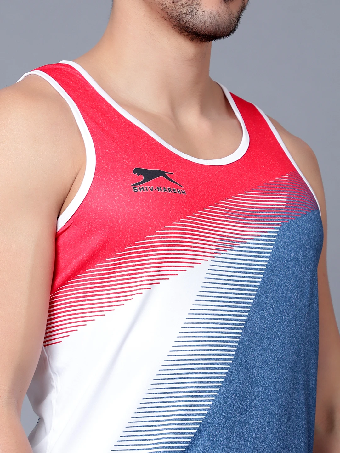 Dark grey red white polyester lycra athletic set for men
