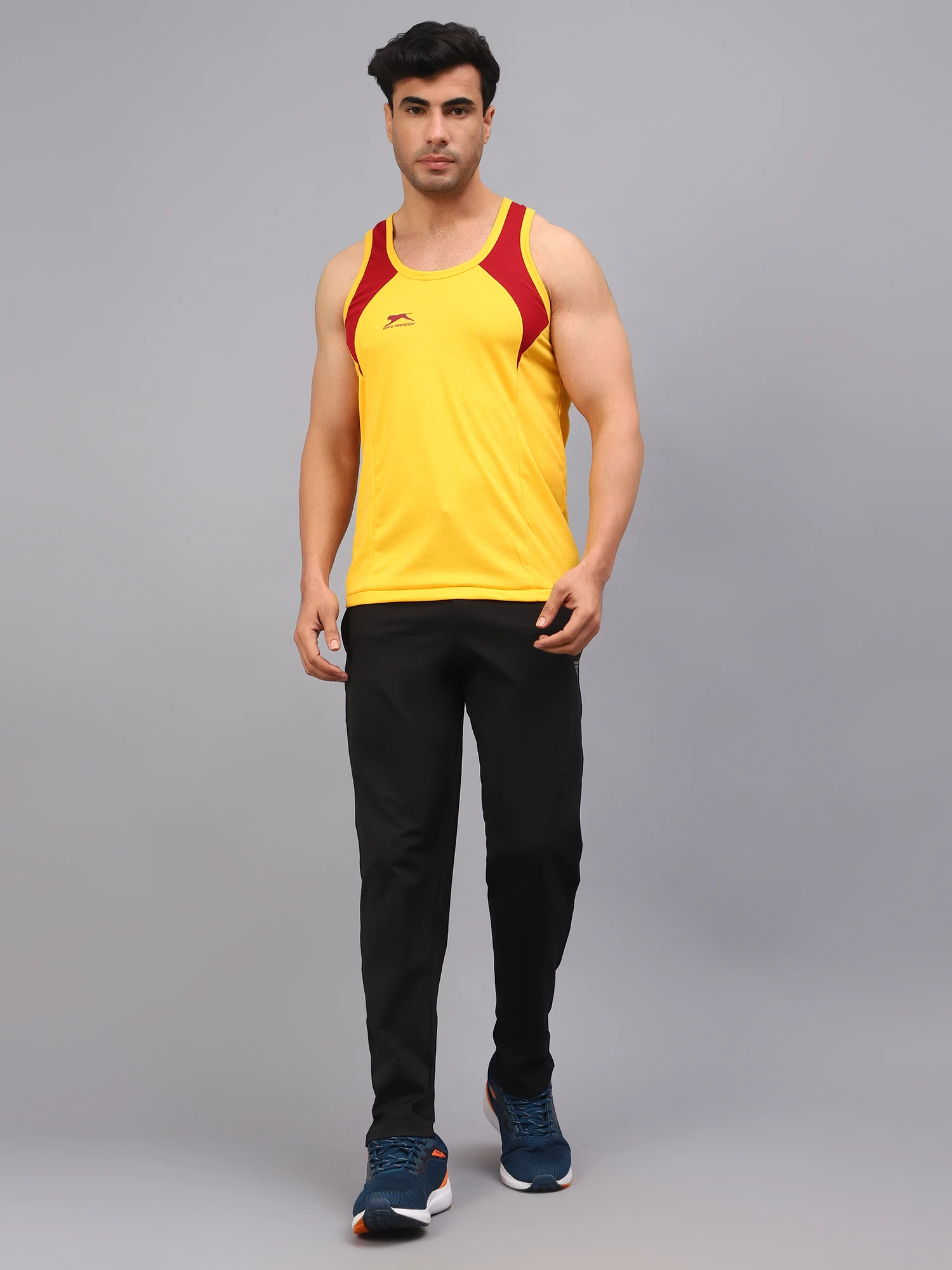 Yellow and maroon colored gym vest for men