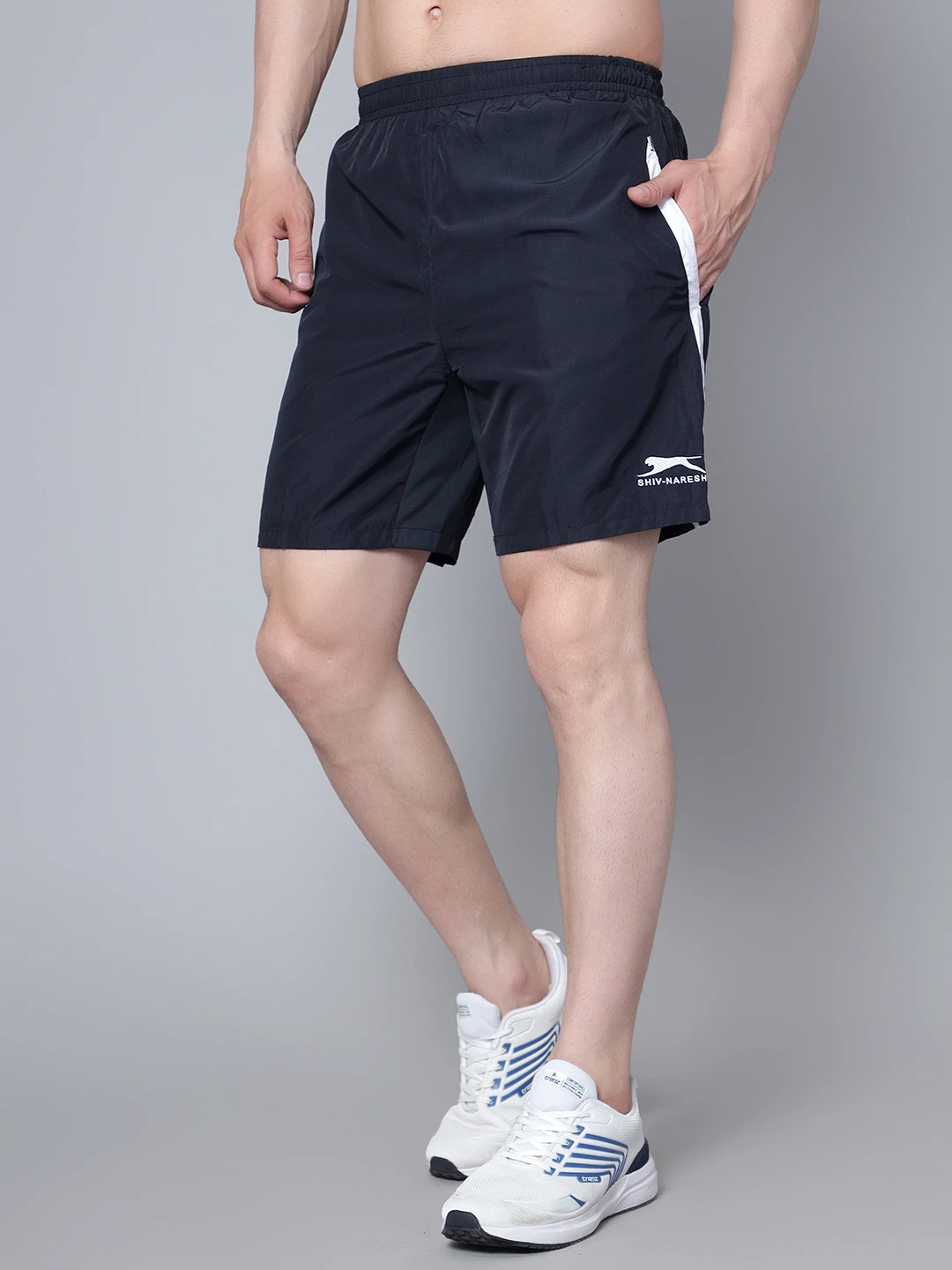Shivnaresh Navy Blue & White Active Shorts for Men