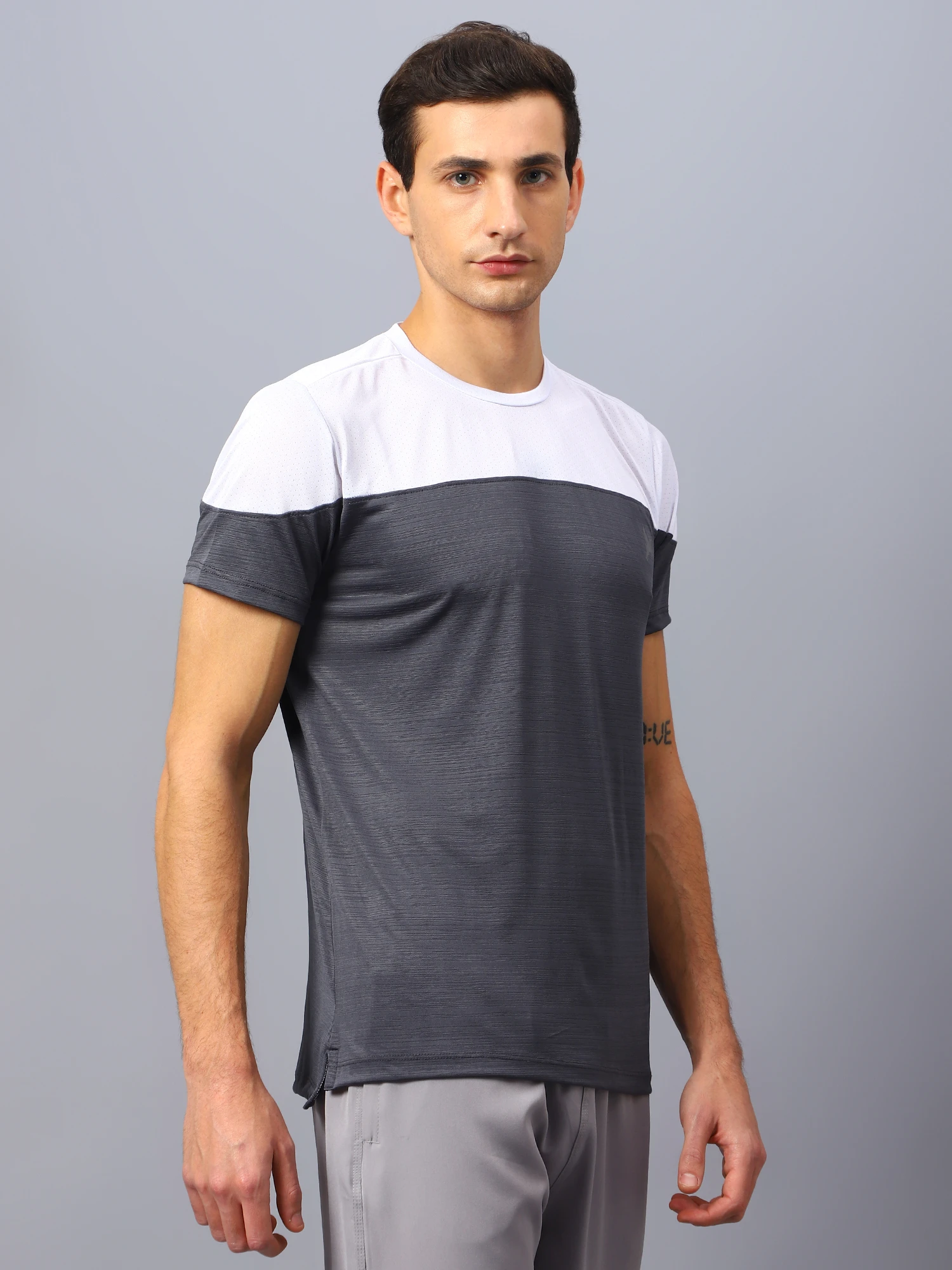 Durabreeze grey white quick-dry sports t shirt for men by Shiv Naresh