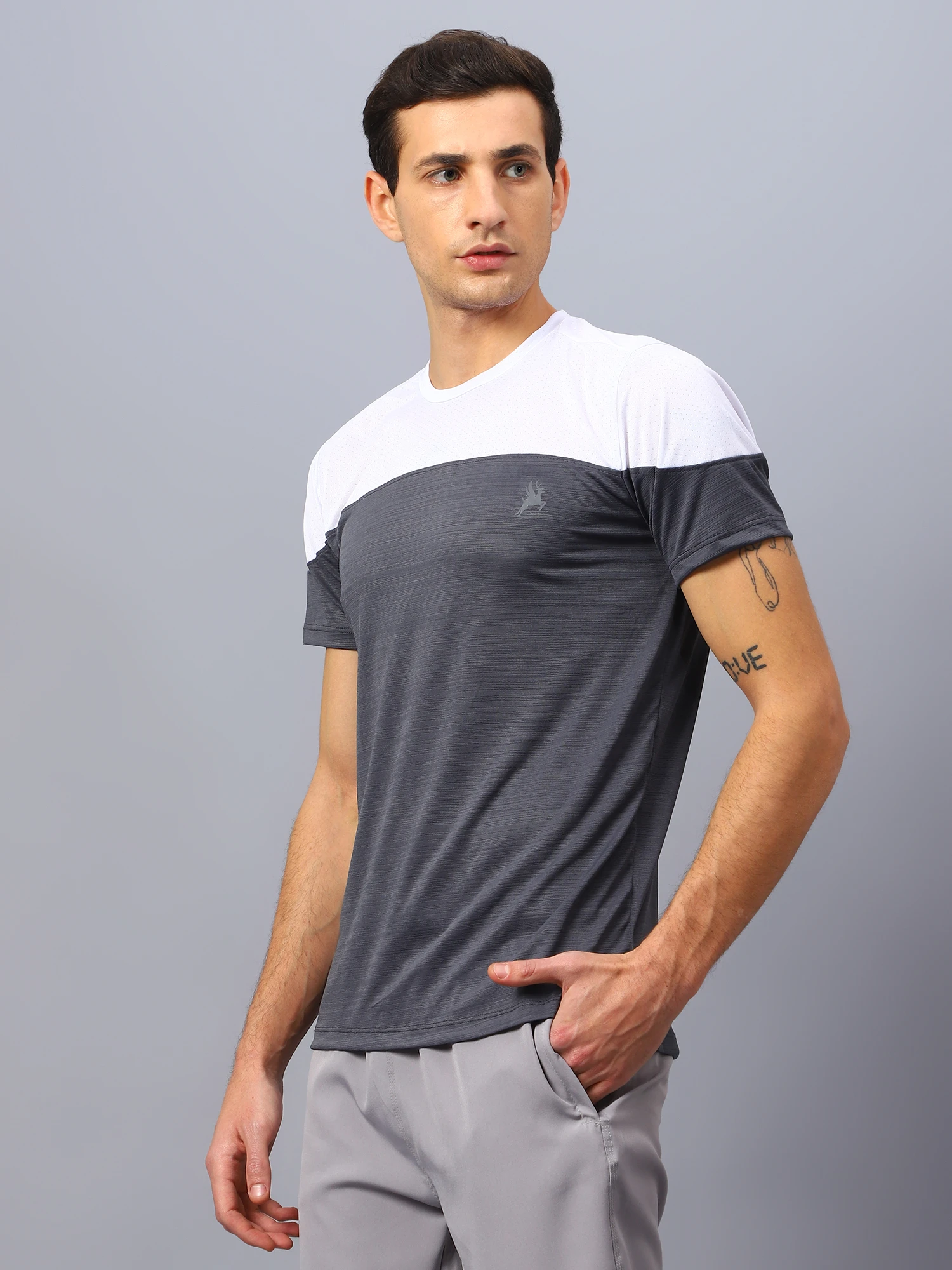 Durabreeze grey white quick-dry sports t shirt for men by Shiv Naresh