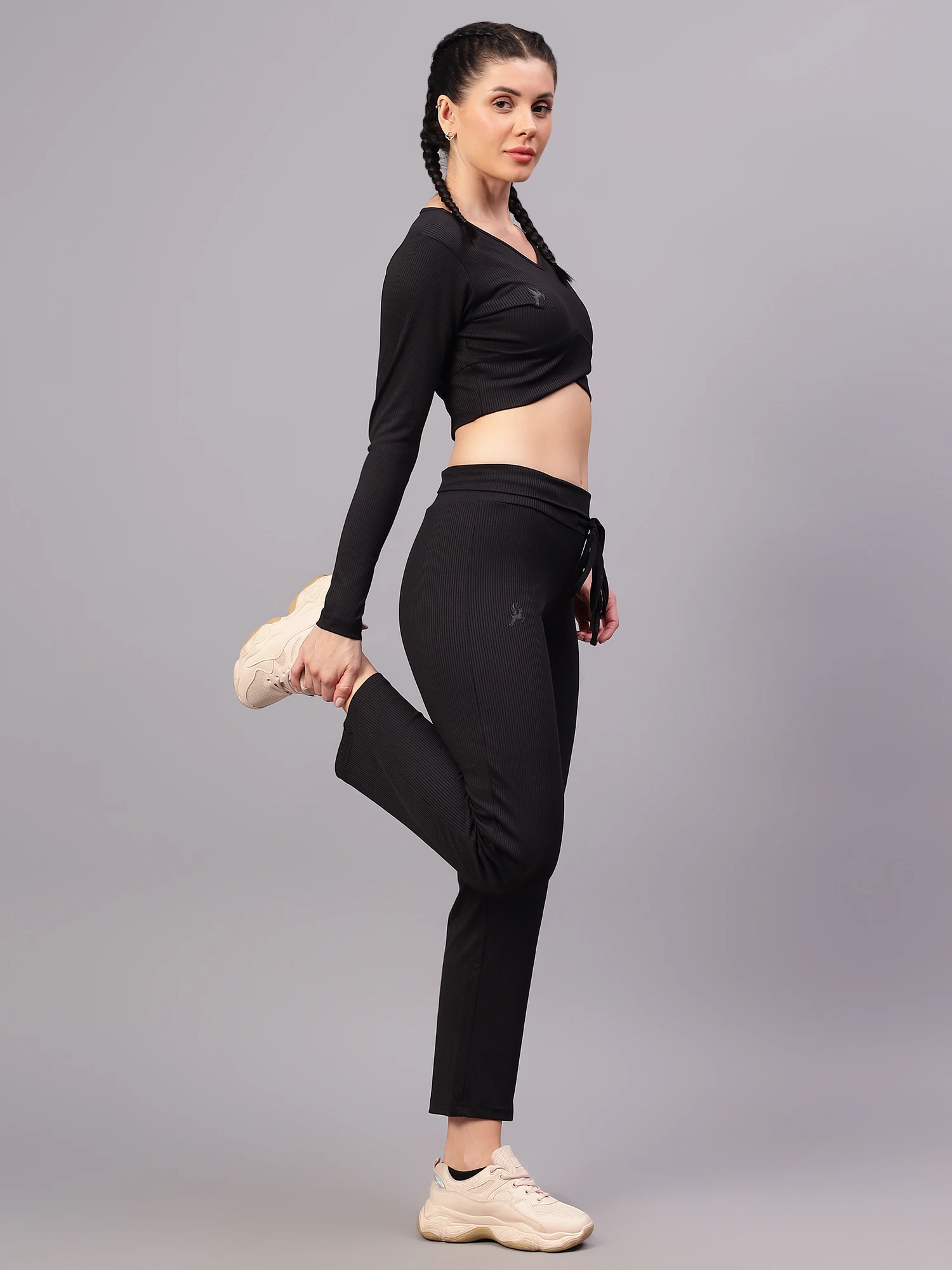 Black Ribbed Crop Top with Full Sleeves for Women by Shivnaresh