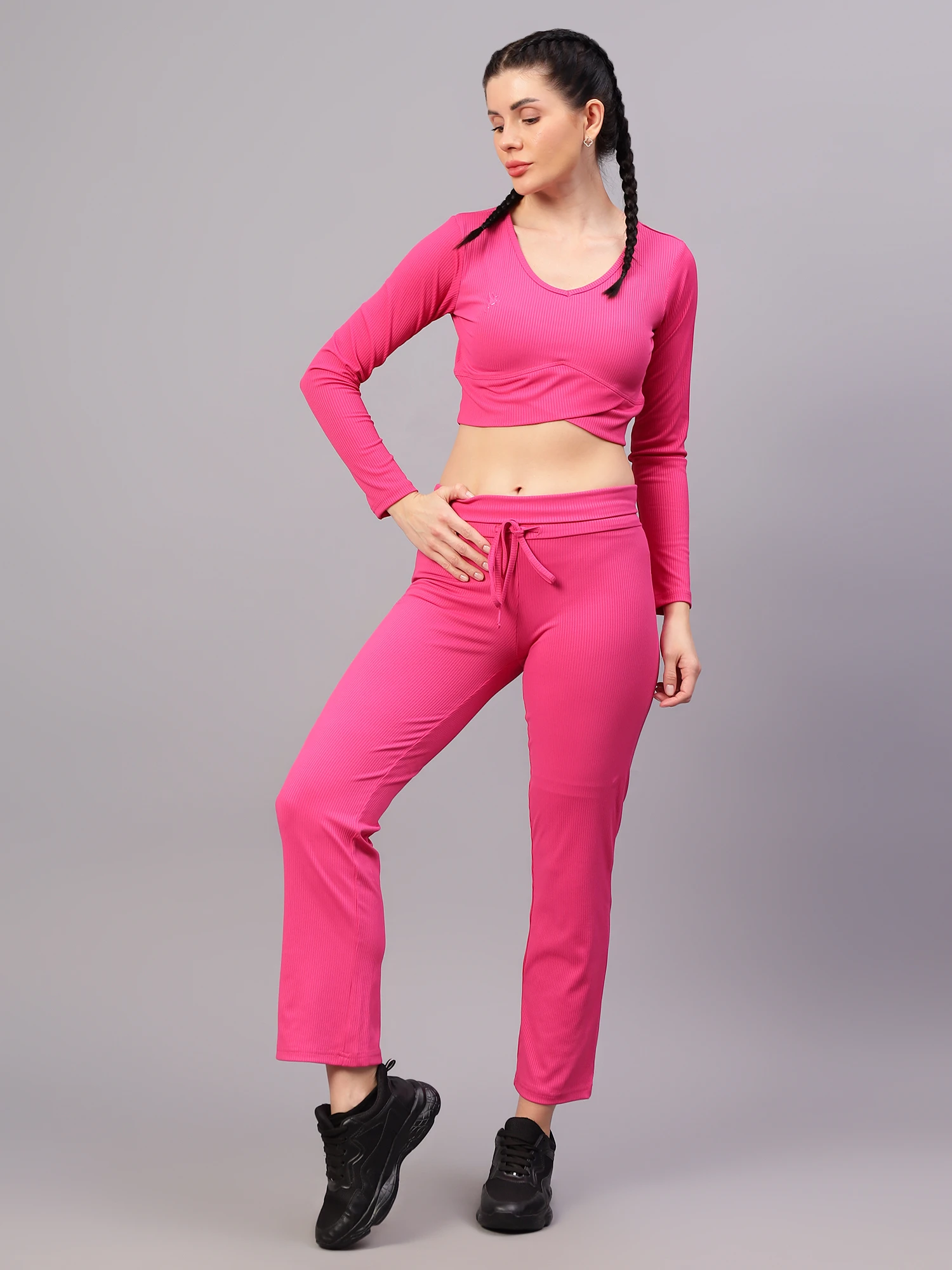 Fuchsia Pink Ribbed Crop Top with Full Sleeves for Women by Shivnaresh