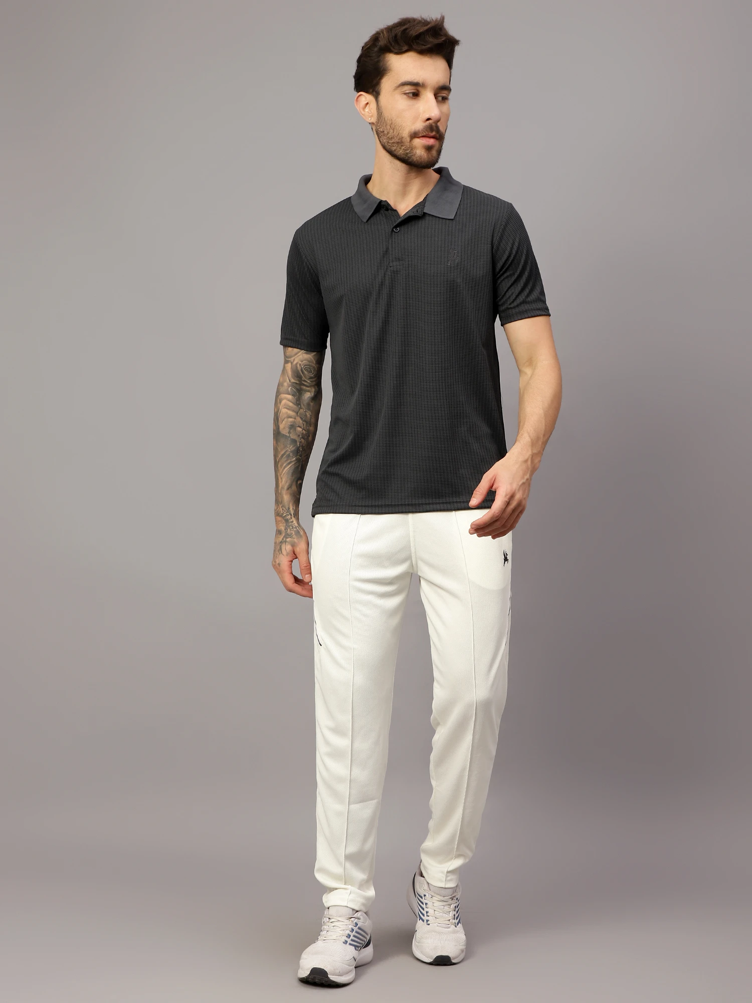 Textured grey sports polo t-shirt for men by Shiv Naresh
