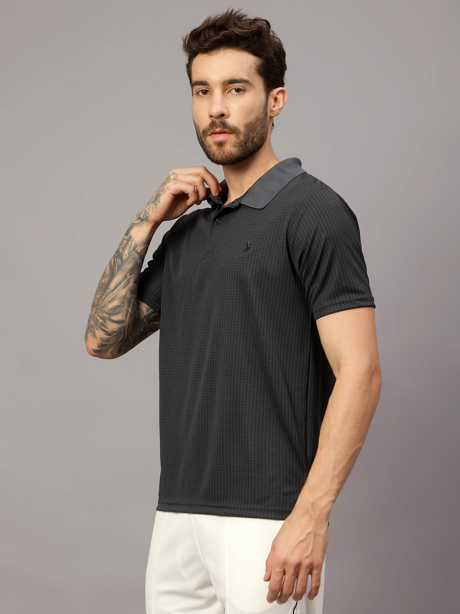 Textured grey sports polo t-shirt for men by Shiv Naresh