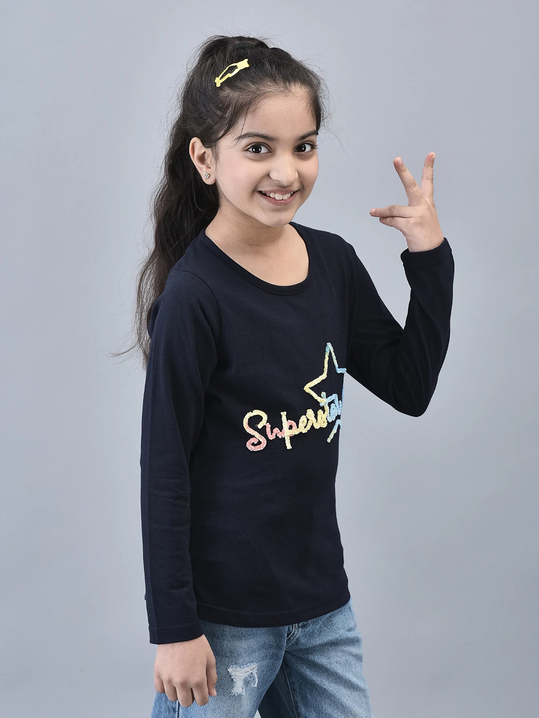 Girls Superstar Full Sleeve T-shirt Navy Blue by Shiv Naresh