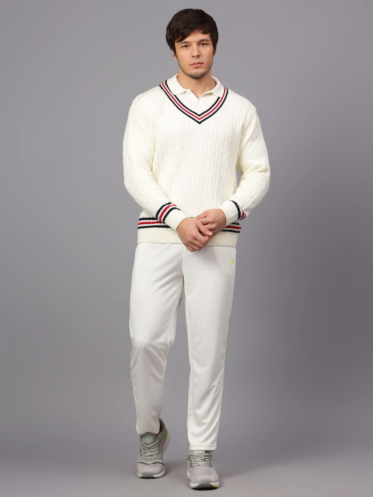 Off White Full Sleeve Cricket Sweater for Men