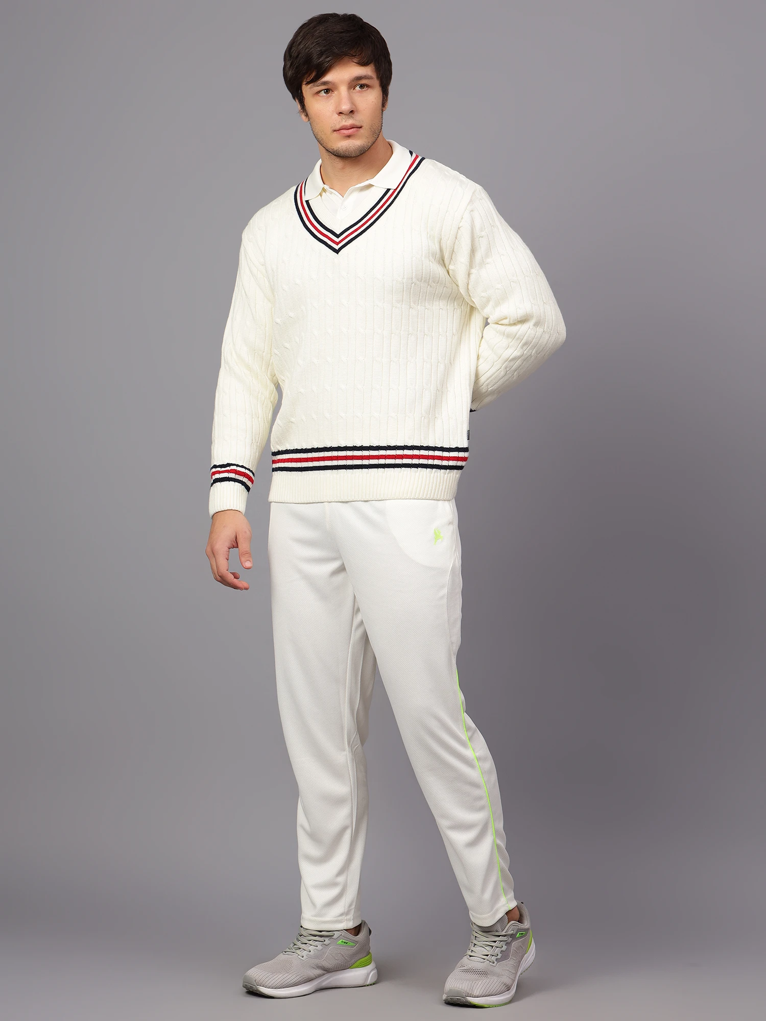 Off White Full Sleeve Cricket Sweater for Men