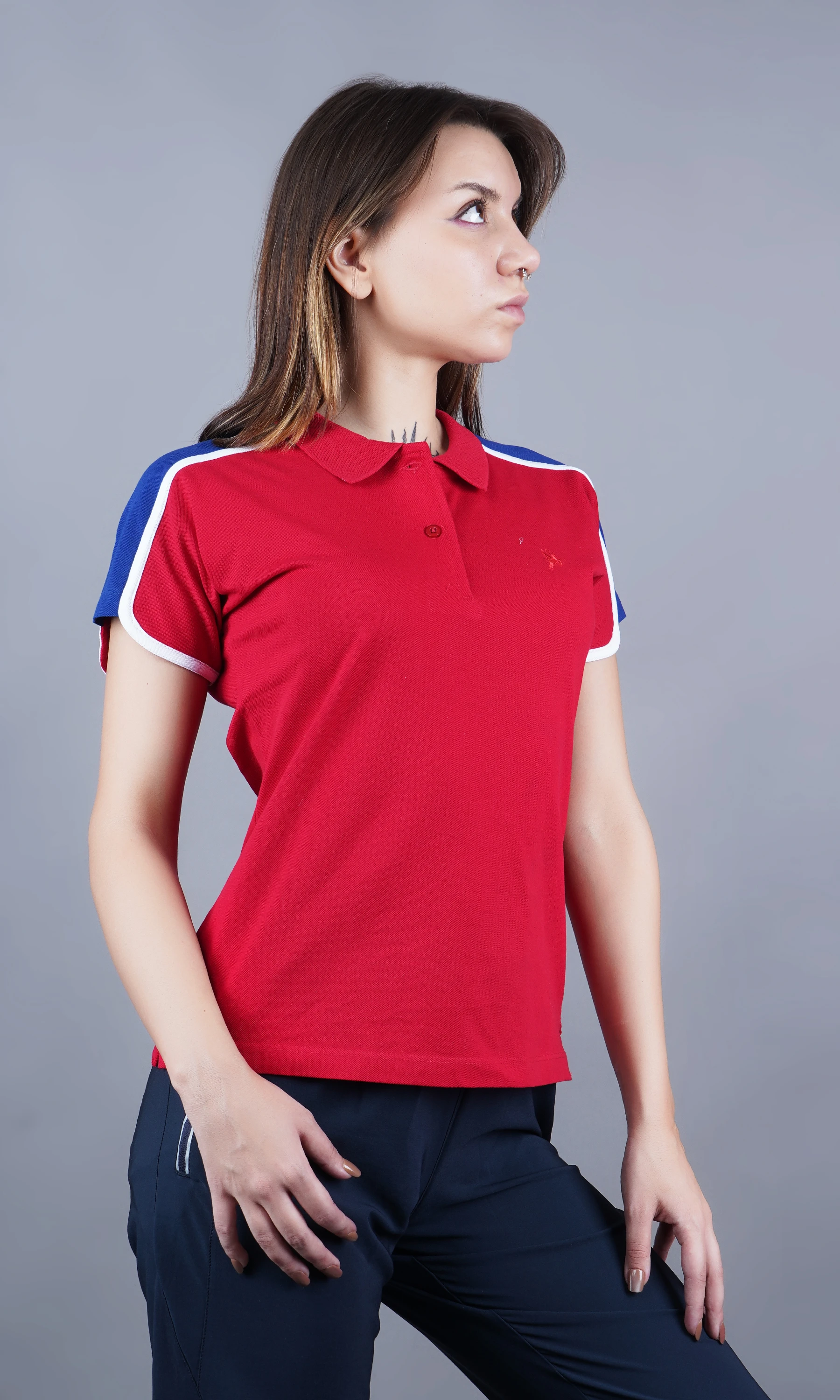 Red solid polo t-shirt for women by Shiv Naresh
