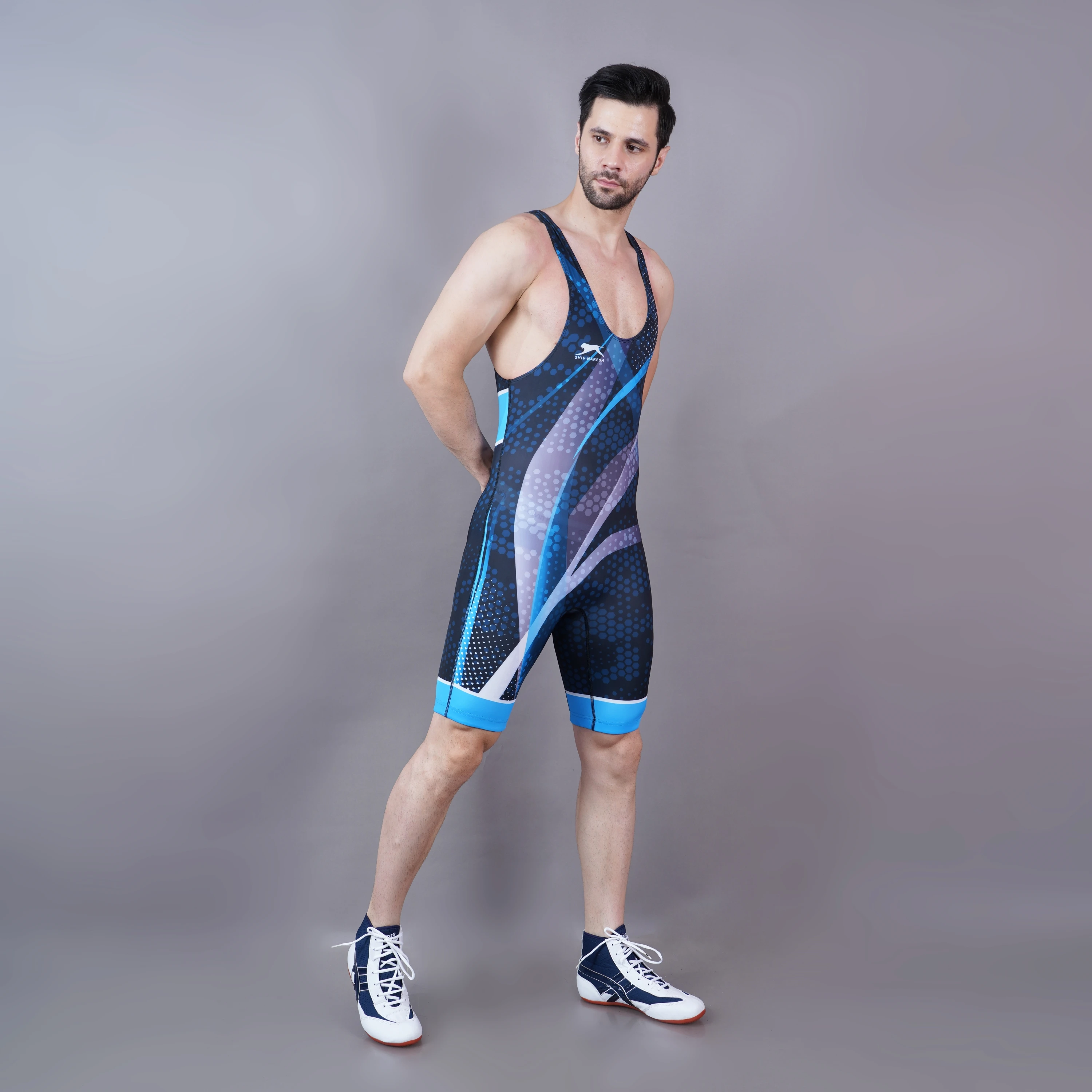 Sublimated wrestling singlet Navy & Cyan Blue for men