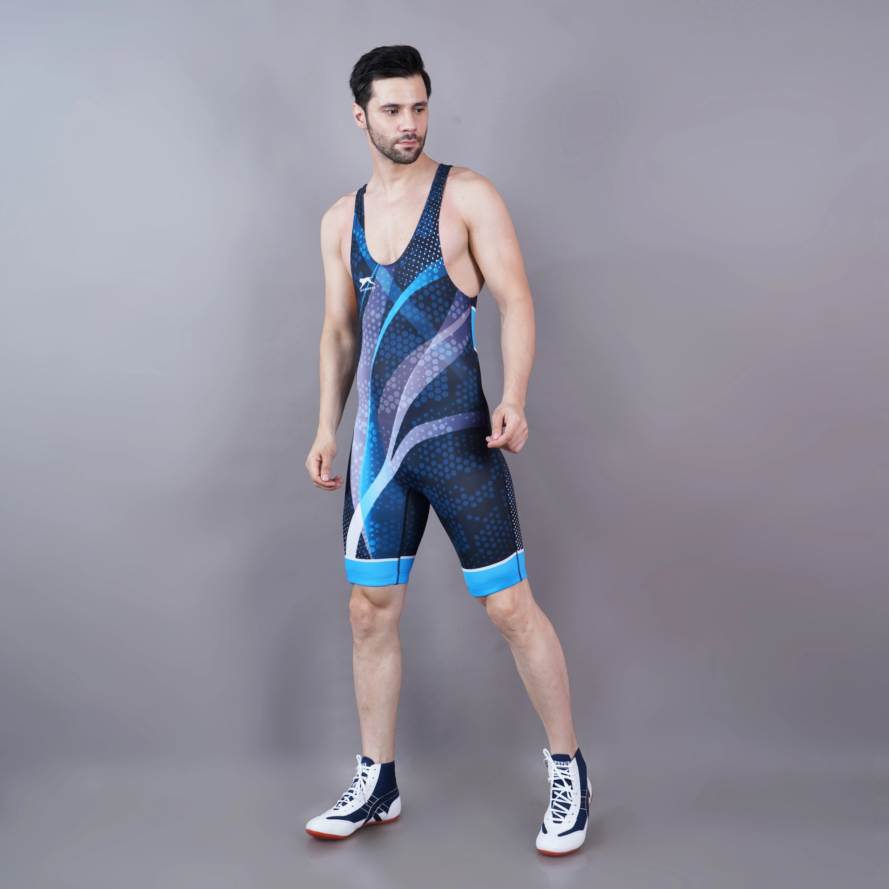 Sublimated wrestling singlet Navy & Cyan Blue for men