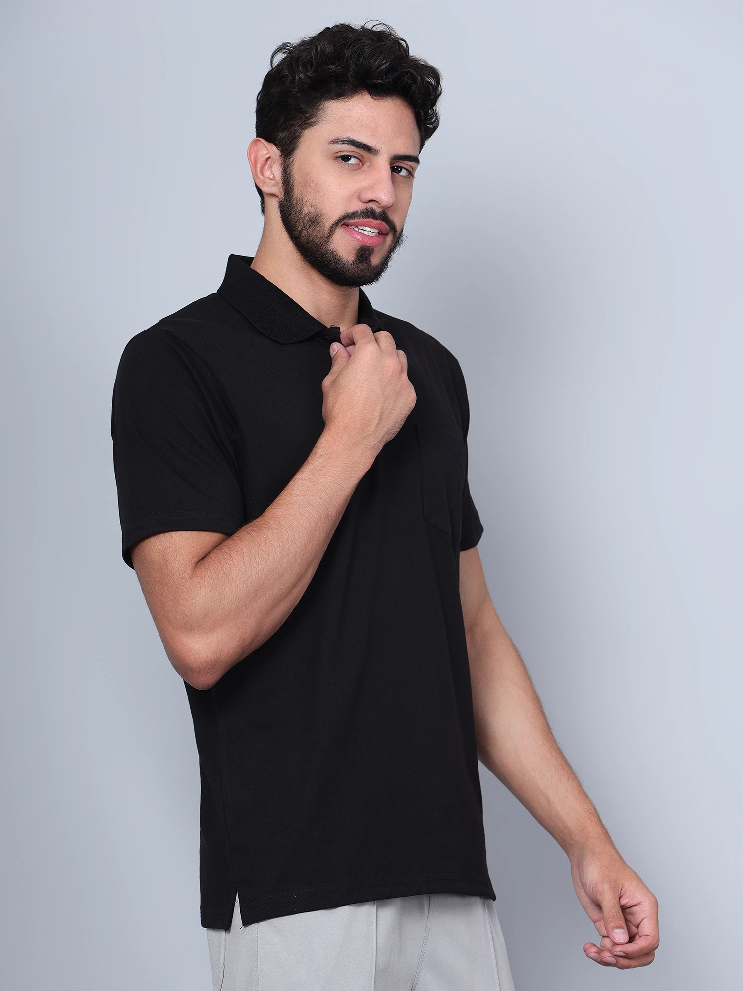 Men’s Black Cotton Polo T-Shirt – Flat Collar & Stylish