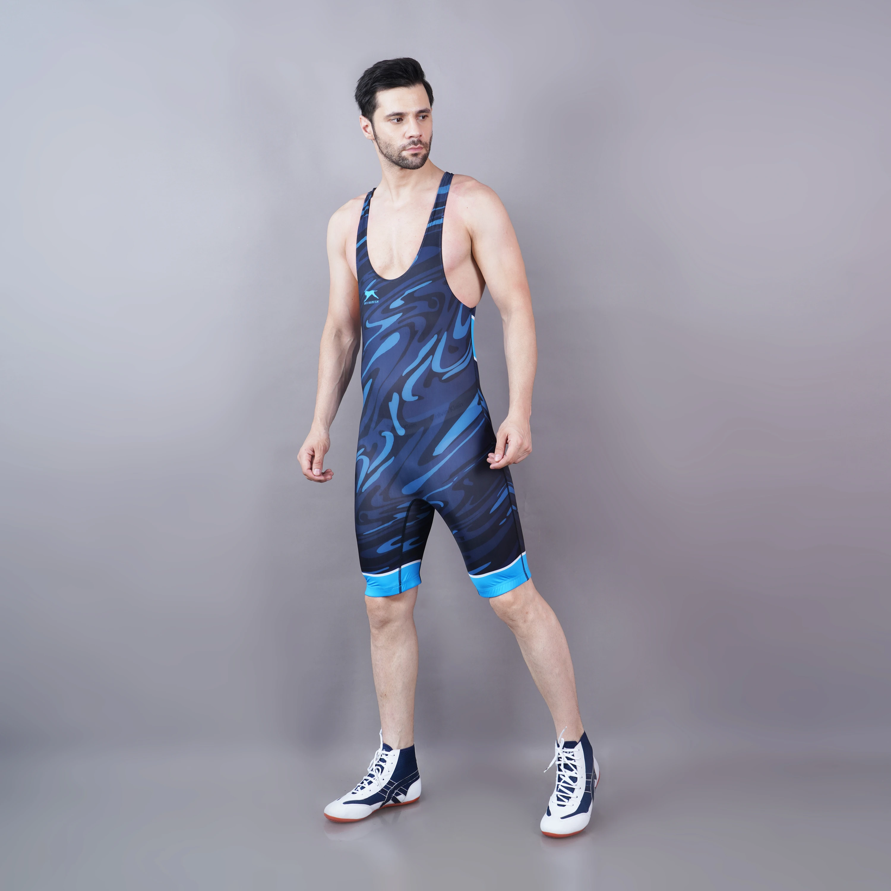 Sublimated wrestling singlet in navy and cyan blue for men