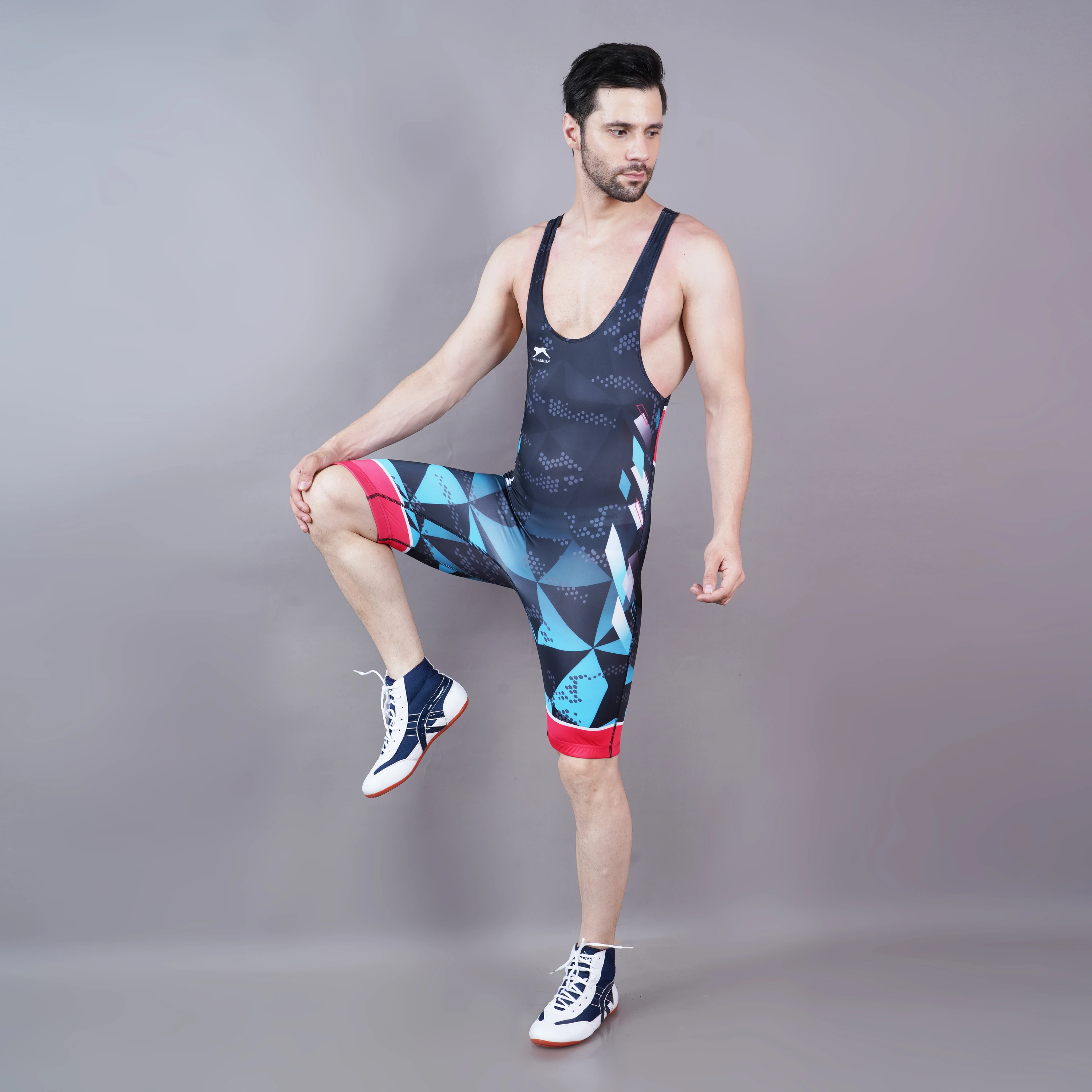 wrestling singlet in black, green, and white for men