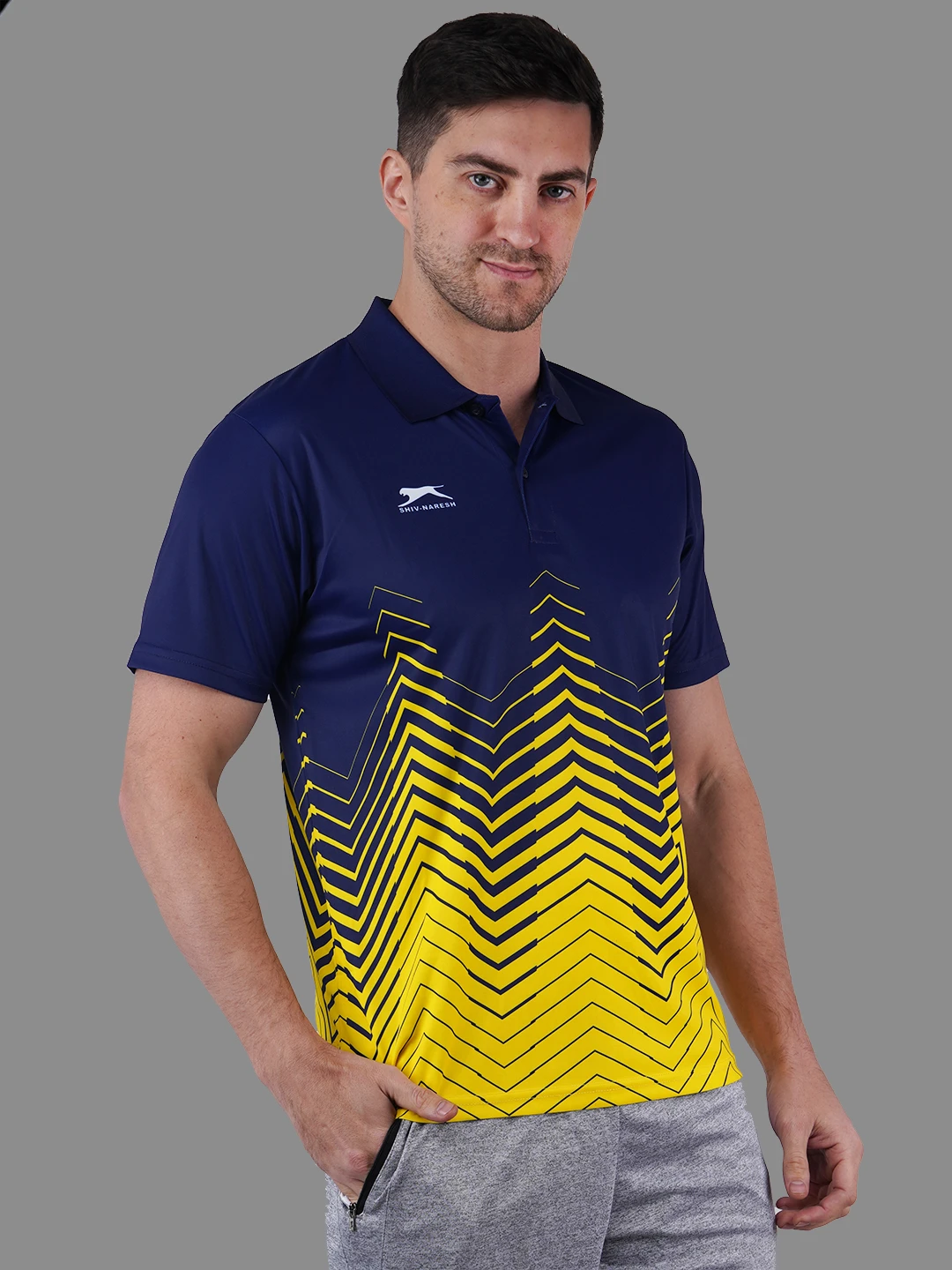 geometric polo t shirt navy
